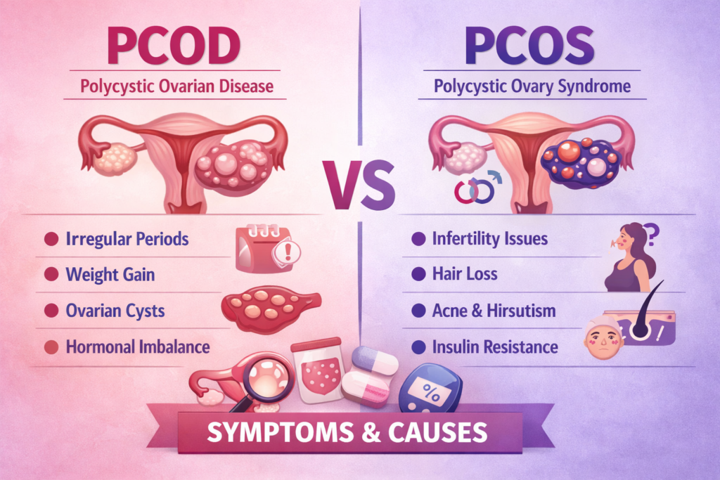 PCOD vs PCOS difference symptoms and causes illustration for PCOS treatment in Pune