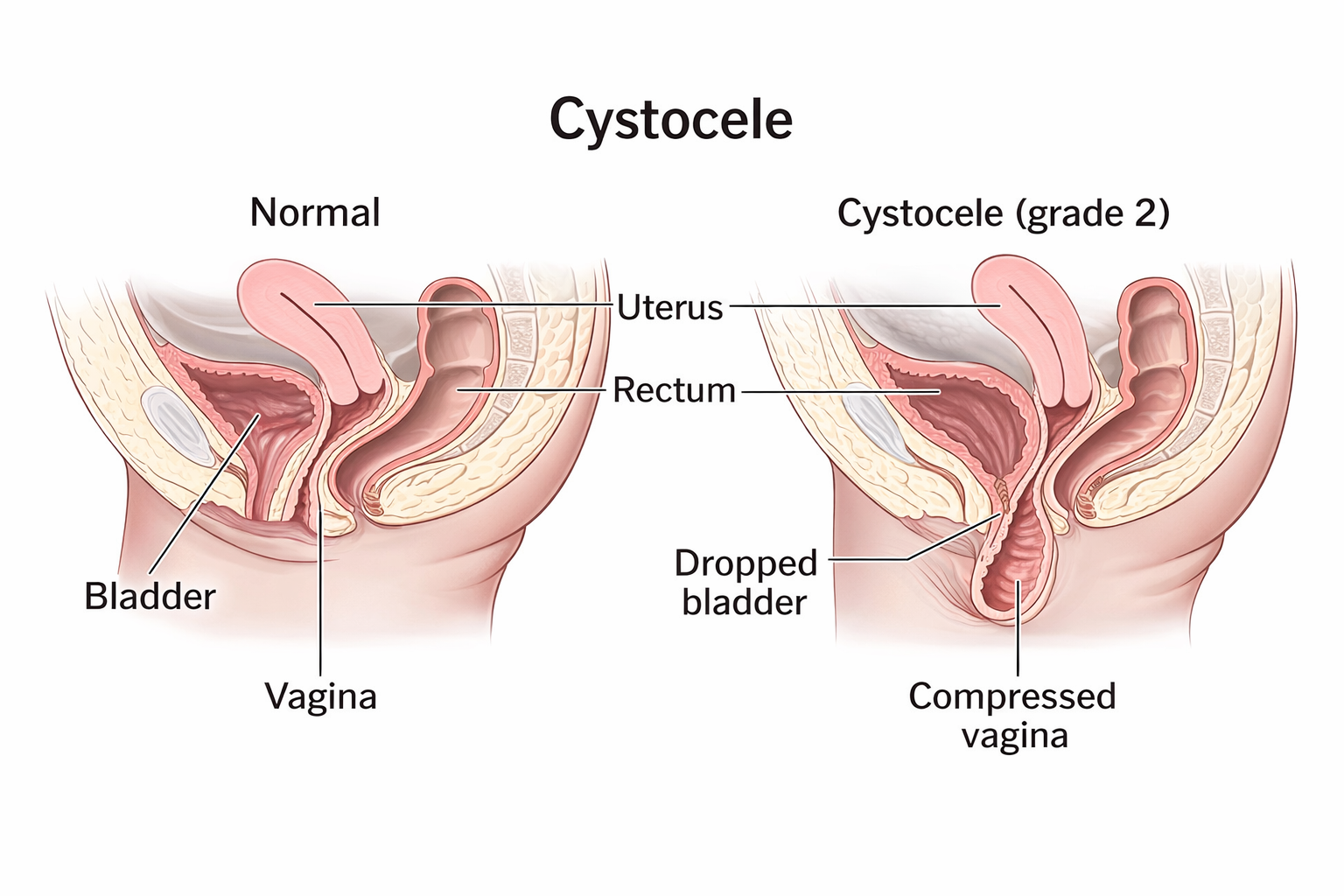 Cystocele repair illustration showing bladder prolapse and surgical correction