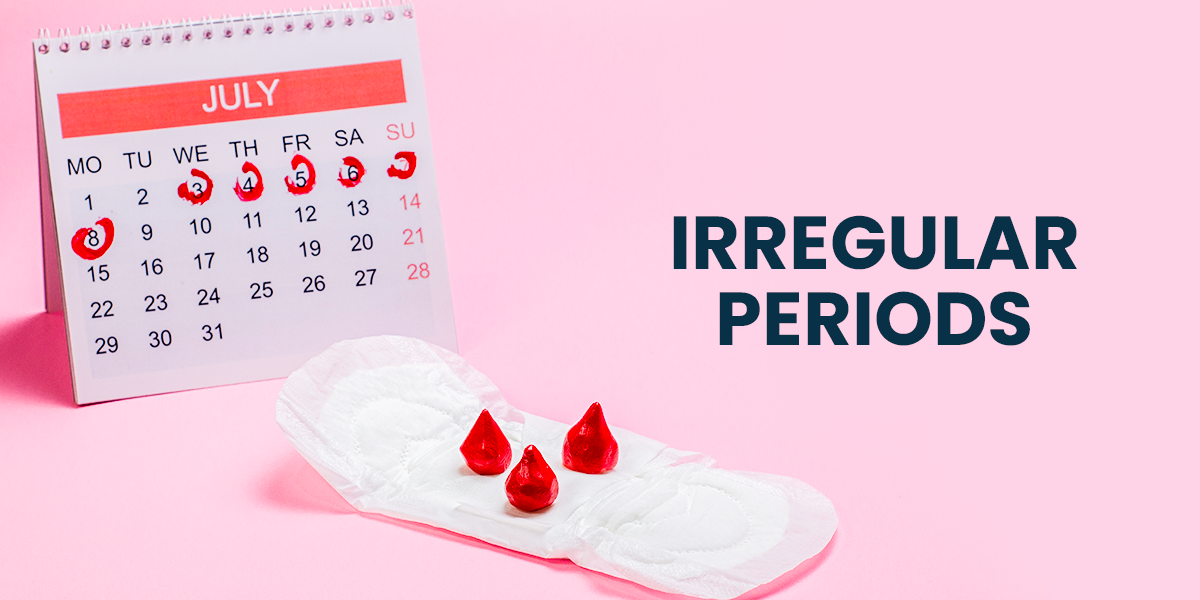 Irregular periods calendar with marked dates and sanitary pad showing menstrual cycle irregularity